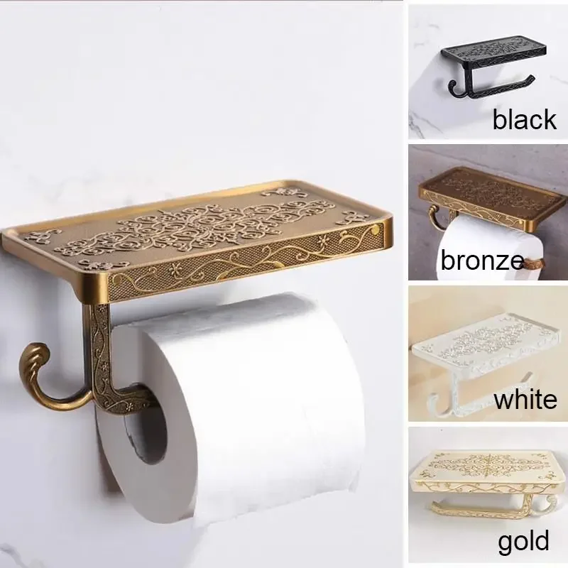 Antique Bronze Carving Bathroom With Phone Shelf Towel Tissue Aluminum Rack Toilet Paper Holder Creative