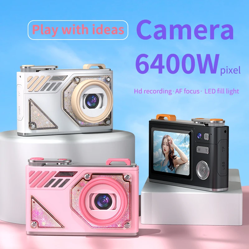 كاميرا رقمية 4K كاميرا تصوير رقمية 64 ميجابكسل 180 ° شاشة CCD قابلة للطي للأطفال، كاميرا سيلفيل مدمجة 8X للتكبير الرقمي