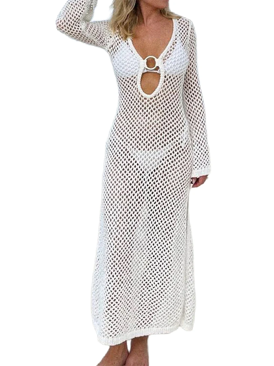 

CHQCDarlys Womens Crochet Beachwear Cover Up Long Sleeve Hollow Out Bikini Long Maxi Beach Dress Summer Swimwear Cover Ups