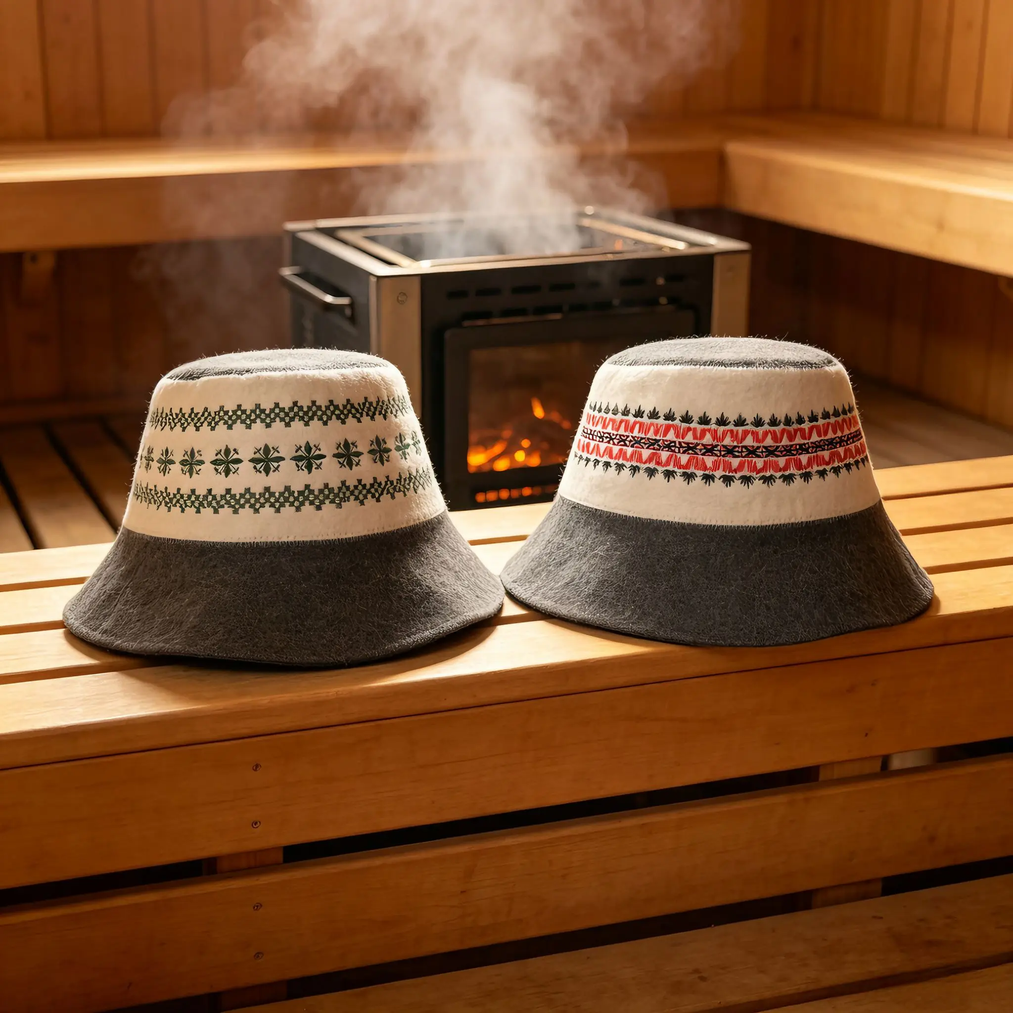2Pcs/Set Wool Felt Sauna Hat Heat Resistant Embroidered Banya Cap for Russian & Finnish Sauna Steam Room Head Protection