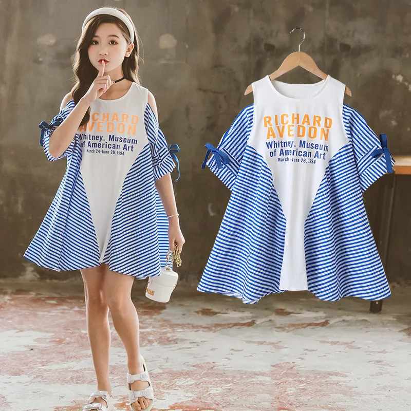 

Summer School Girl One-piece Dress Children Girl Striped Patchwork Long T-shirt Dress Junior Girl Korean Version Elegant Dress