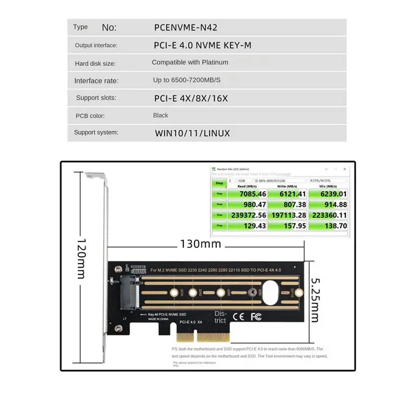 A23F-M.2 Adapter Card PCI-E X4 4.0 GEN4 NVME KEY-M.2 Adapter Card Support 2230/2242/2260/2280/22110 SSD