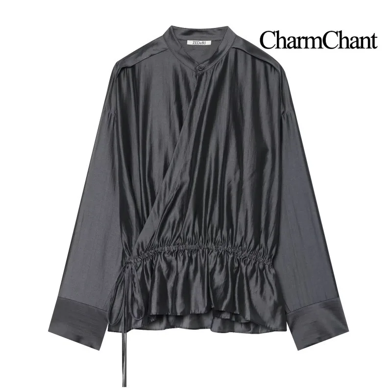CHARMCHANT Women's Satin Stand Collar Wrap Blouse Long Sleeve Drawstring Tie Waist Peplum Hem Elegant Office Evening Fall 2026