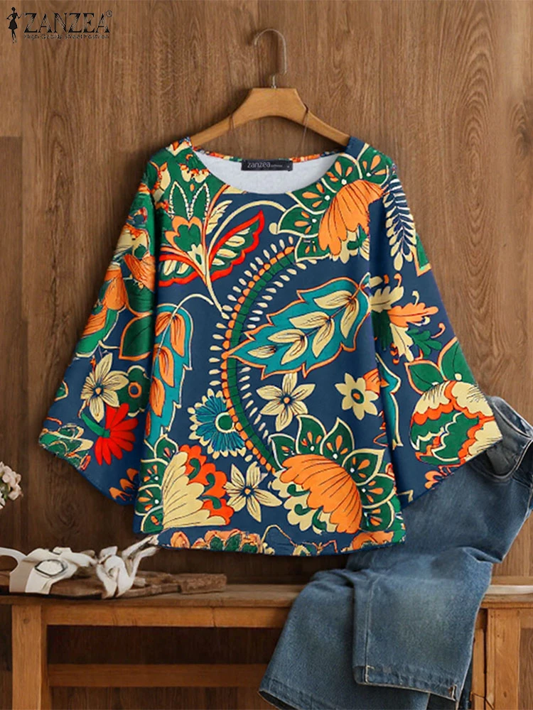 ZANZEA بلوزة عصرية للسيدات لصيف 2025 3/4 كم قمصان بوهيمية مطبوعة بالزهور بلوزات كلاسيكية بلوزات نسائية فضفاضة غير رسمية
