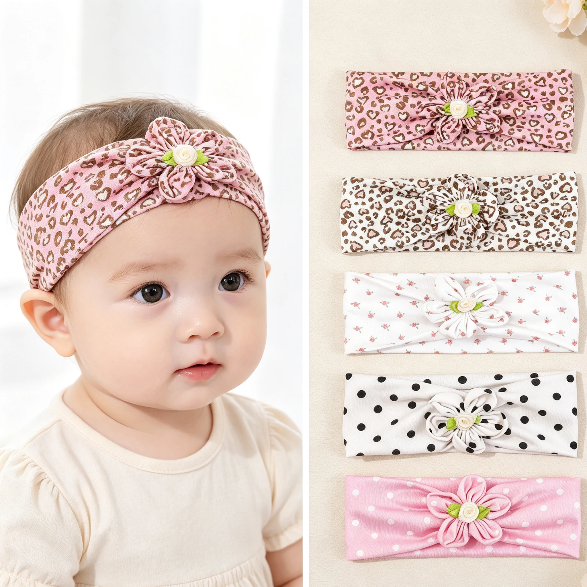 5Pcs Print Flower Baby Headband For Newborn Soft Stretchy Nylon Hair Band Children Turban Infant Hair Accessories For Girls