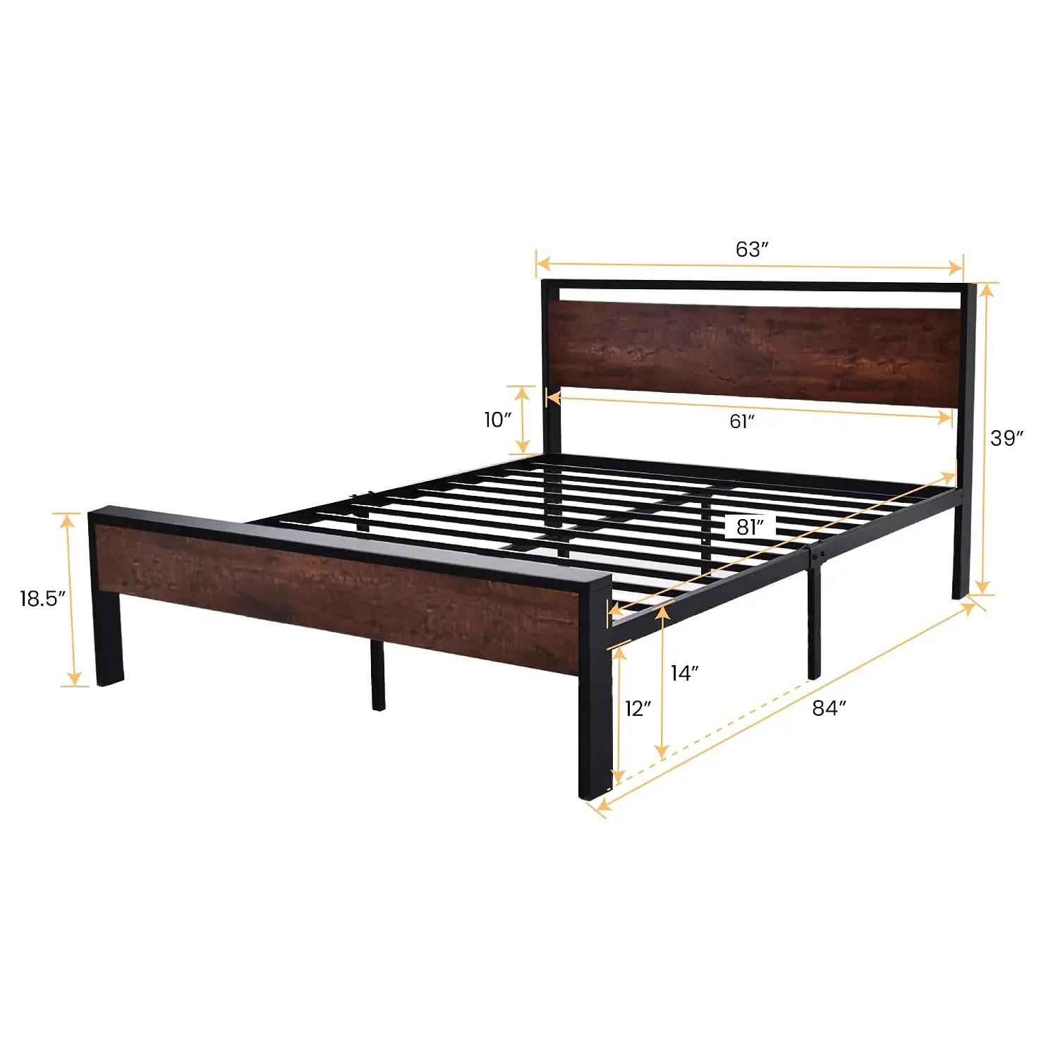 14 Inch Queen Size Metal Platform Bed Frame with Wooden Headboard and Footboard, Mattress Foundation, No Box Spring Needed, Larg