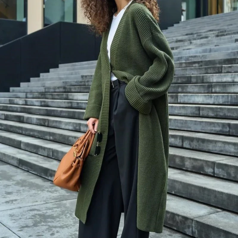 

2026 Women Knit Long Cardigan Jumpers Solid Casual V Neck Single Breasted Sweaters Full Sleeve Warm Elegant Y2k Autumn Winter