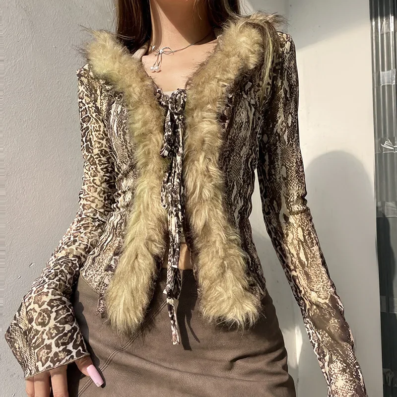 vintage crop top shirts women mesh French retro leopard print fur collar irregular slim fit tie front bandage blouse t shirt