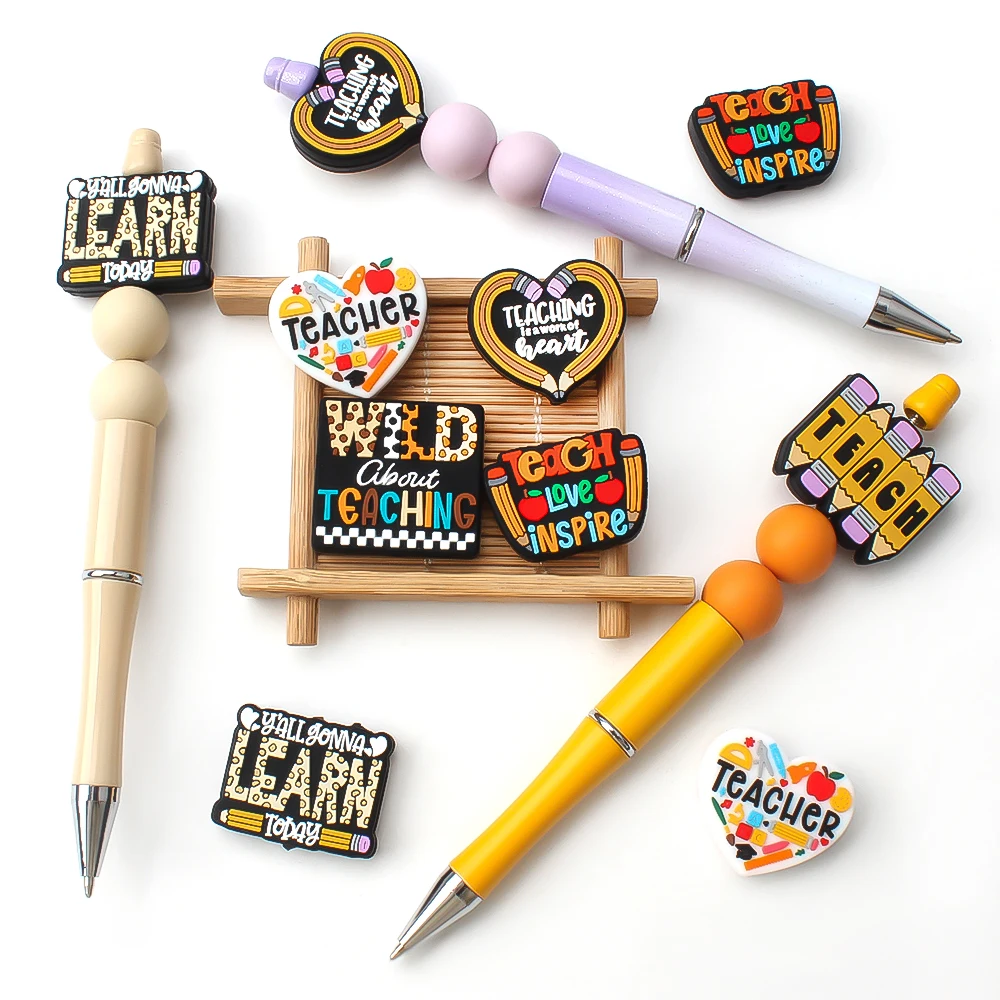 5/20/50 قطعة موضوع يوم المعلم سيليكون الخرز لصنع المجوهرات العودة إلى موسم المدرسة تصاميم الخرز البؤري KeysChain لتقوم بها بنفسك القلم