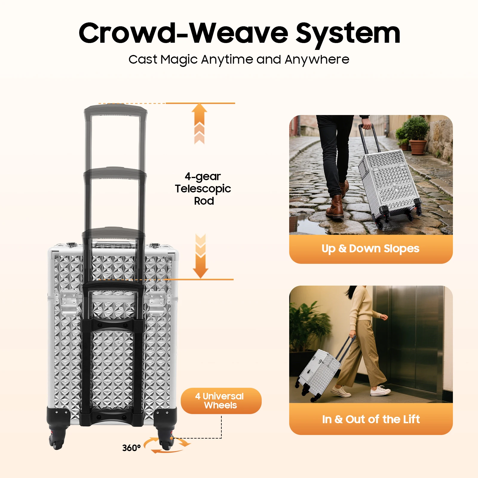 Rolling Makeup Case with 4 Detachable Wheels Aluminum 44.09 lbs Portable Drawer Hand-held Key Lockable (Silver) for Contests