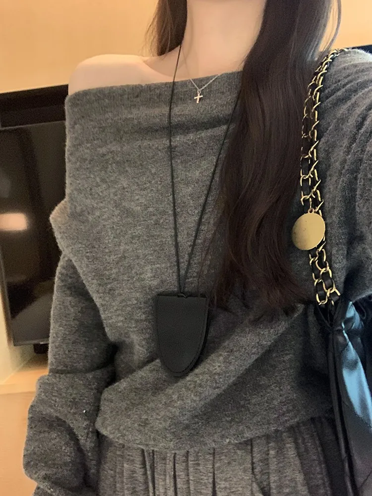 

Laid-ba Sle с открытыми плечами, вязаная свободная основа irt, женская осенне-зимняя утягивающая длинная све, теплый цвет...