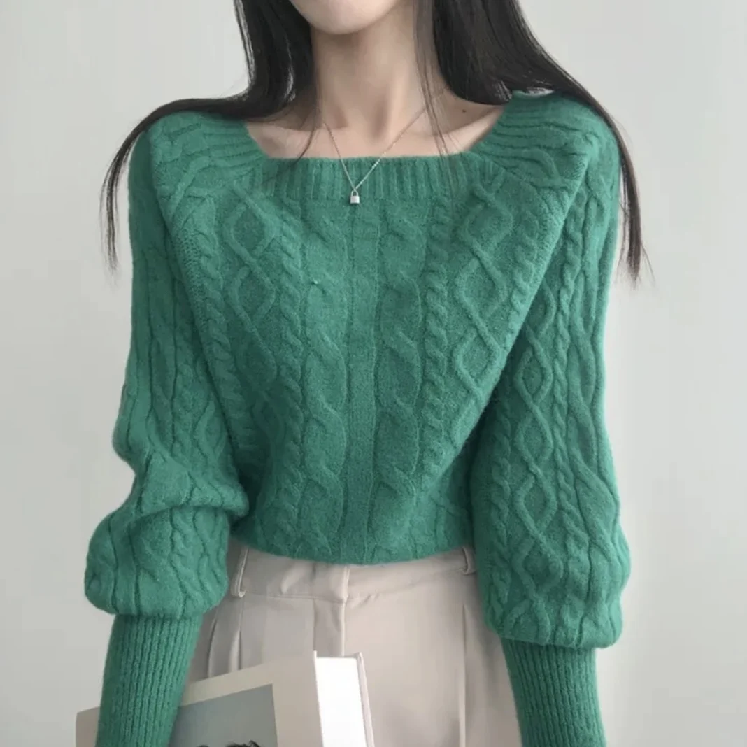 Chic Herbst Winter Pullover Vintage Lose Fit Taille Cinched Abnehmen Gestrickte Top Quadrat Kragen Oberbekleidung Pendeln Sle