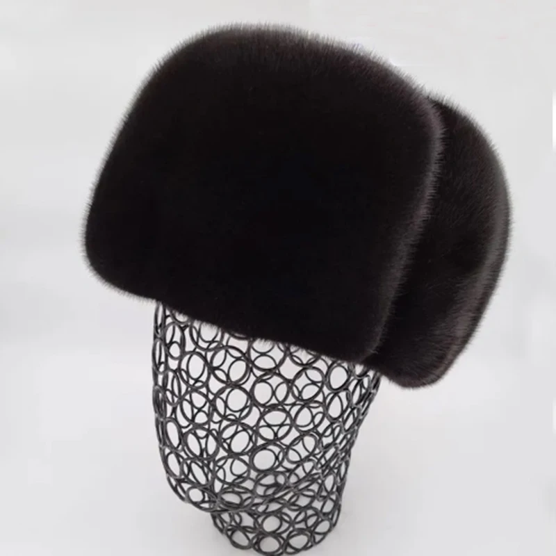 New Sale Luxury Winter Man Top Real Mink Fur Bomber Hat Male Genuine Marten Head Warm Black/Brown Caps Best Gift For Dad Gorras