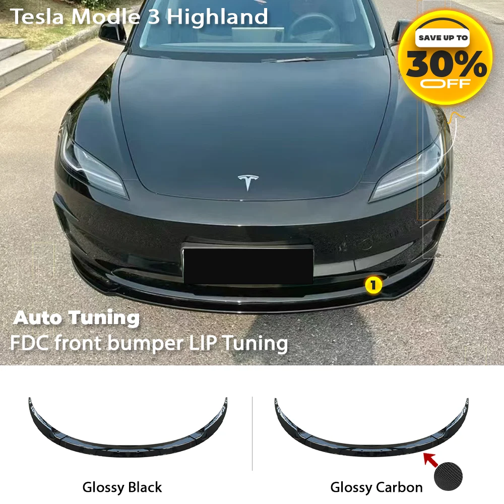 For 2017-2025 Tesla Model 3 Highland Bumper Lip  Auto FDC Sport Protezione anteriore Trim Spoiler ABS Nero Kit corpo in carbonio