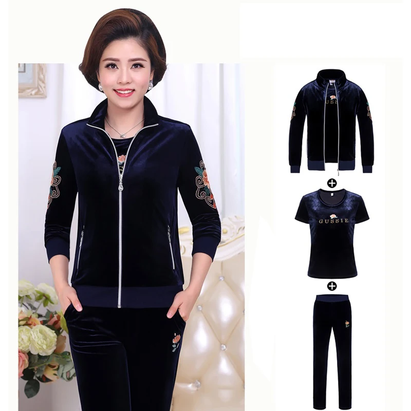 Middle-aged Women Casual Gold Velvet Three-piece Sets Suit Large Size Loose Sportswear Long Coat Tops Mother Clothing Tracksuit