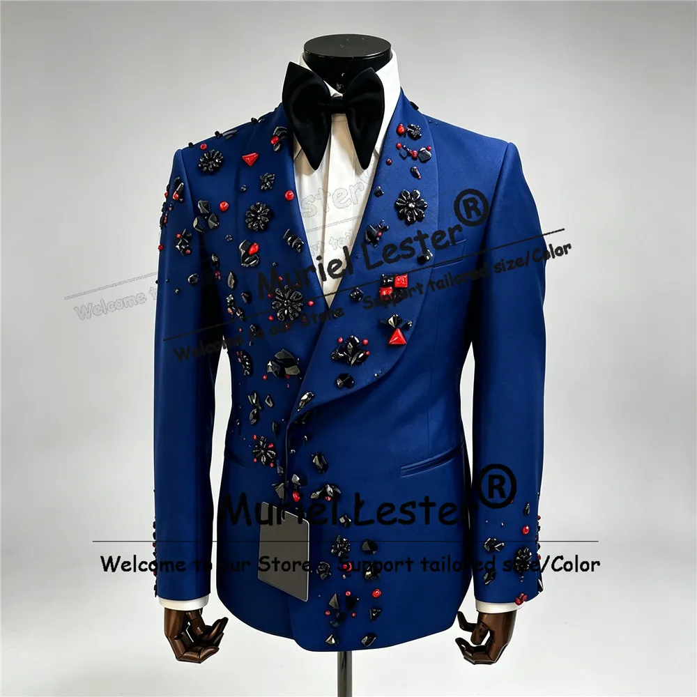 Elegant 2 Pieces Sets Suit For Wedding Diamond Beaded Jacket Pants Slim Fit Double Breasted Groom Prom Man Tuxedos