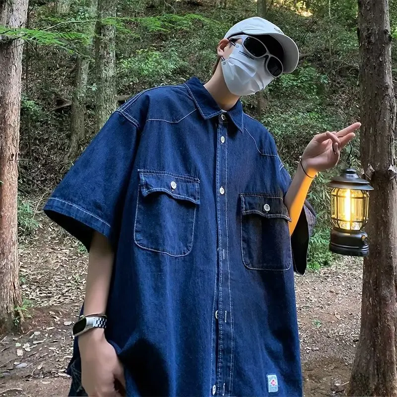 

2026 Summer New Denim Short Sleeved Shirt for Men Japanese Korean Fashion Streetwear Men's Casual Loose Shirt Jacket Coat Y2k
