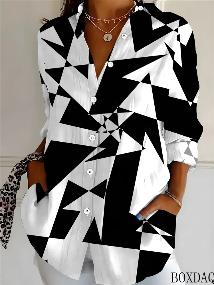 2026 New Autumn Women's Blouse Casual 3D Geometric Pattern Printed Long Sleeve Lapel Button Loose Shirts Women's Commuter Top