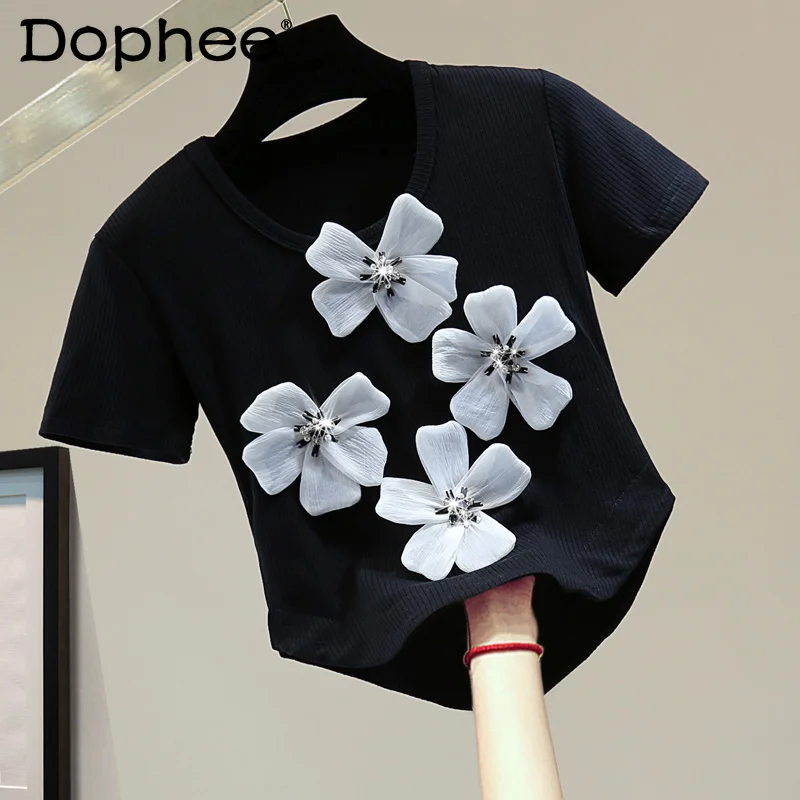 High Waist Korean White Flowers Ice Silk T-shirt Women 2023 Summer Beads Rhinestone Short Sleeve Stretch Slim Fit Knitted Tshirt