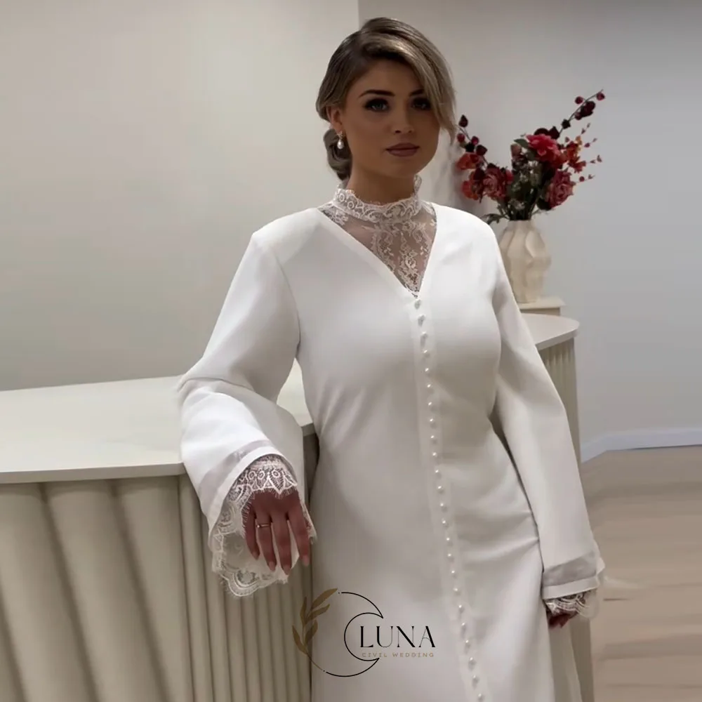 Luna Crepe Muslim Wedding Dresses Pearls O Neck Long Sleeve Lace Patchwork A-Line Wedding Party Dresses for Bride Customized