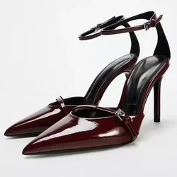 Sexy Pointed Toe Thin High Heels Women Patent Leather Ankle Strap Party Dress Shoes Fashion Slingback Sandals Zapatos De Mujer