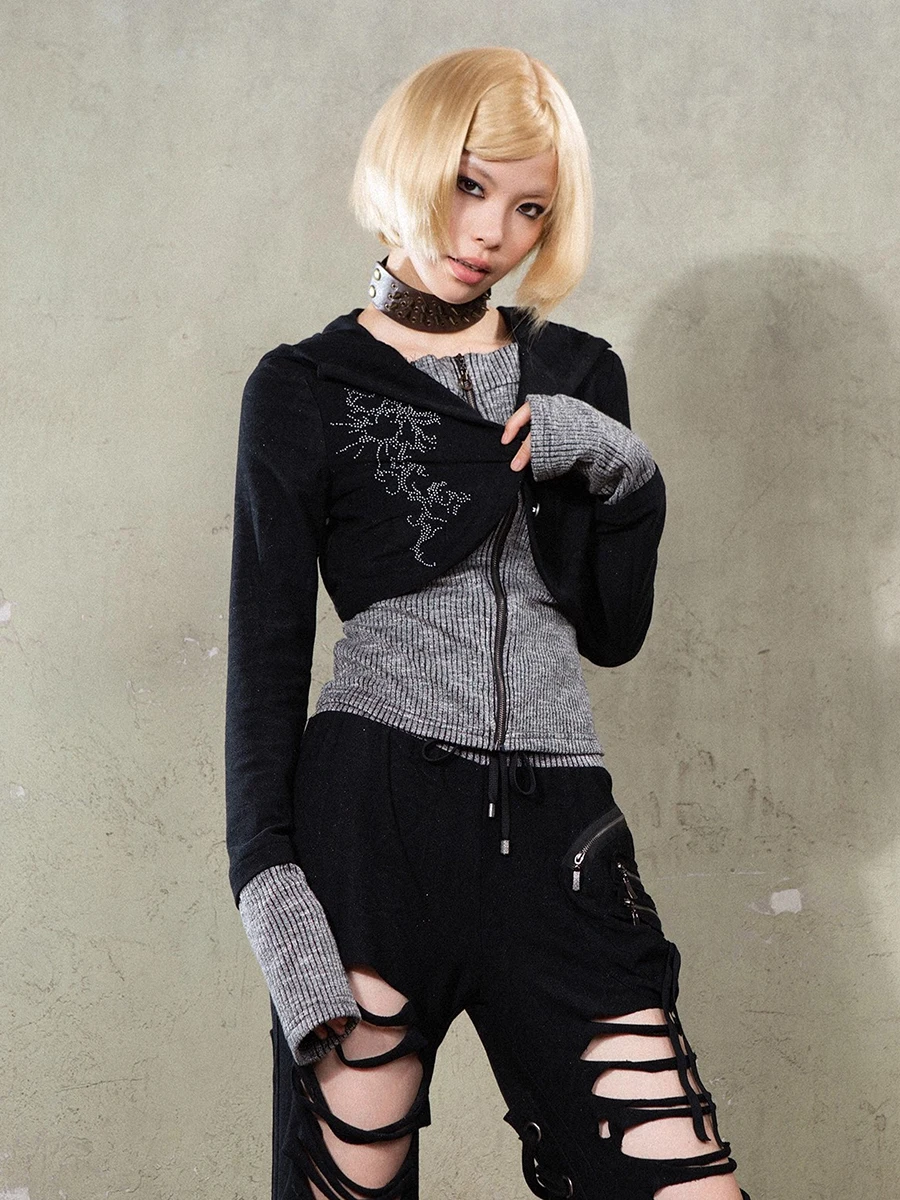 REDDACHiC 美的女性ジップアップスウェットシャツジャケット光沢のあるヒョウステッチニット長袖カーディガンフード付きトップグランジ Y2k 服