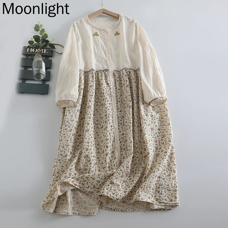 Mori Girl Floral Print Cotton Dresses Autunmn Japanese Sweet O-Neck Long Sleeve Loose Dress Vintage Embroidery Female Vestidos