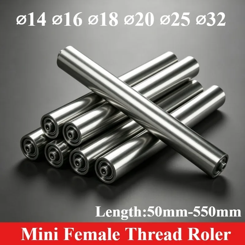 1pc 304 Stainless Steel Mini Female-Threaded Conveyor Roller 14-32mm Dia,M4M5M8 ThreadTransport Bearing Roller for Belt Conveyor