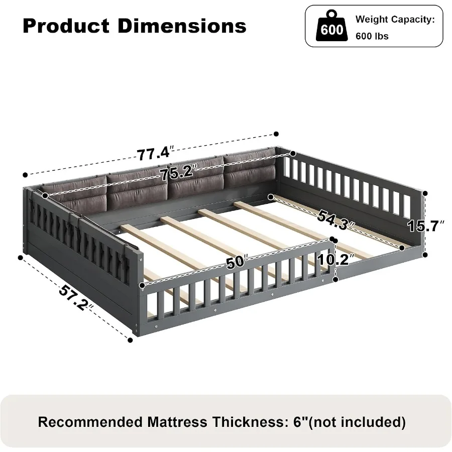 Full Size Montessori Floor Bed for,Solid Wood Frame with Guardrails and Soft Side Pillows, Gray, Low Profile, No Box Spring Nee