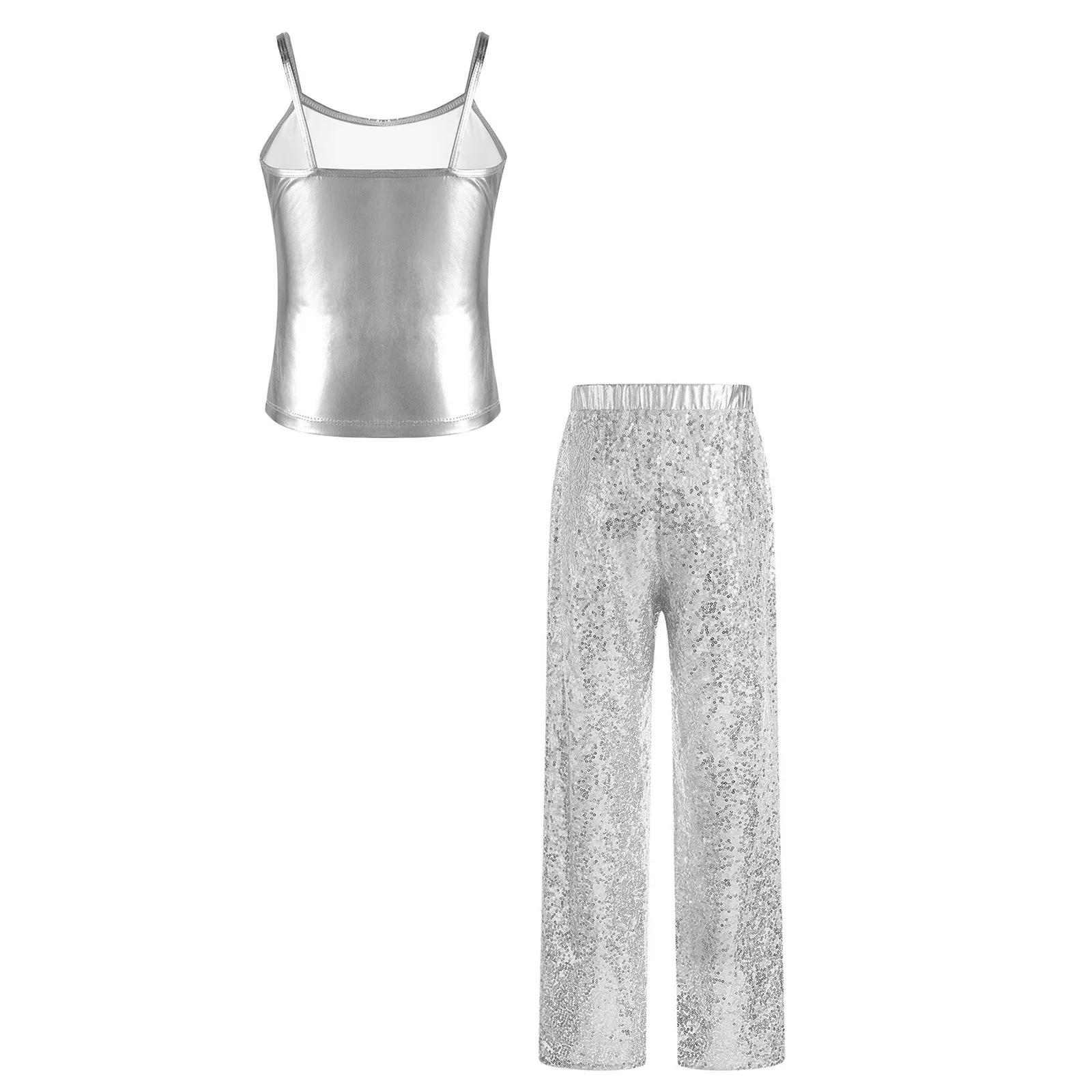 Kids Girls Hip Hop Clothes Modern Dancewear Teen Fashion Jazz Dance Costume Stage Performance Outfit Metallic Sequin Pants Suits