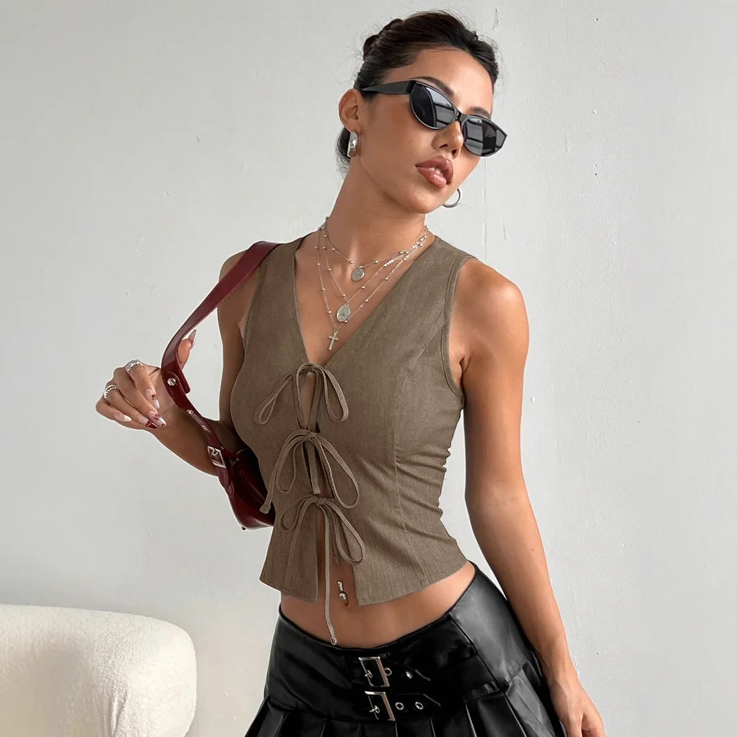 Women Vests Sleeveless V Neck Cardigan Lace Up Slim Fit Tanks Casual Camis Elegant Lady Steetwear Summer Slight Strench
