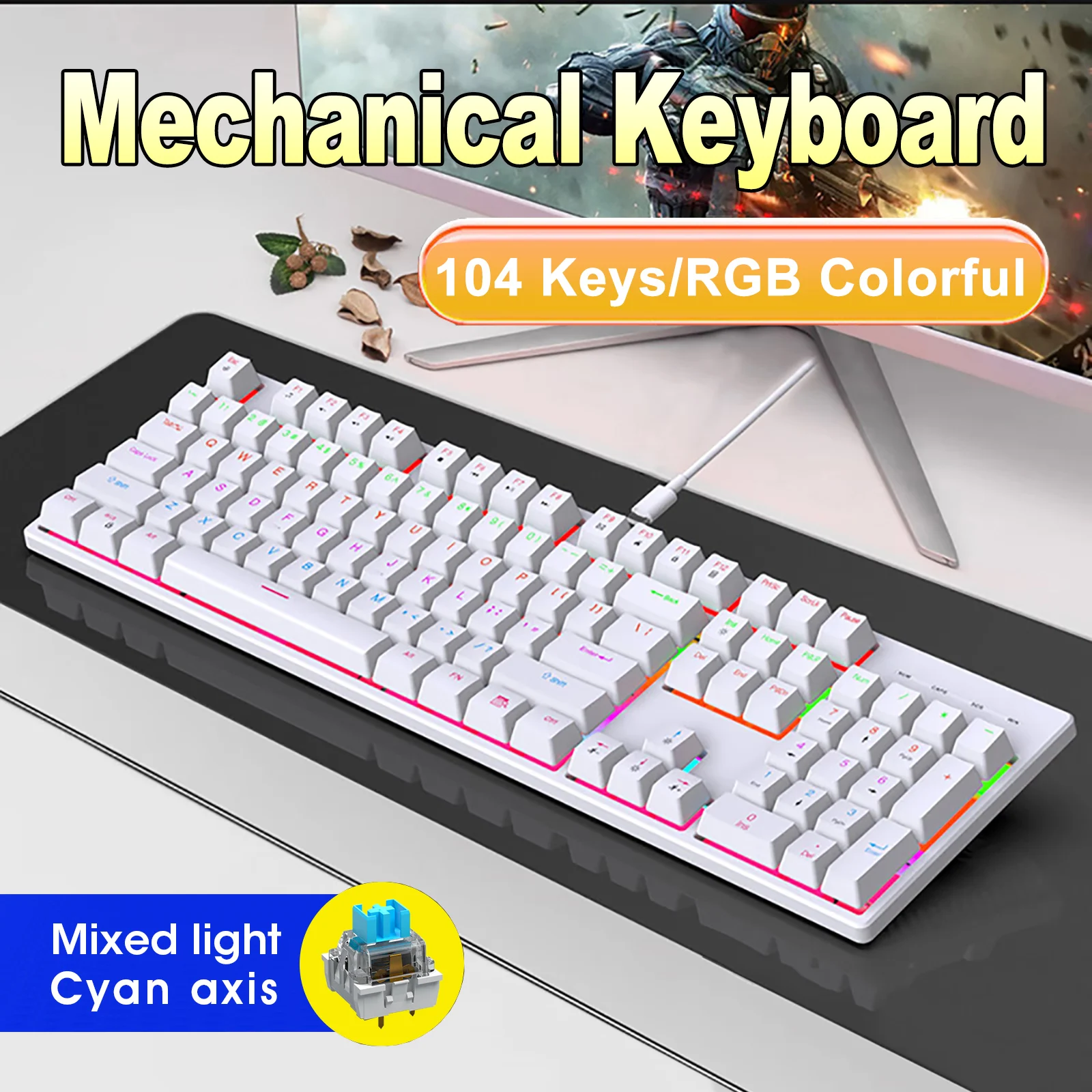 

104-клавишная механическая клавиатура с RGB-подсветкой, проводная игровая клавиатура для киберспорта, эргономичная дизайнерская клавиатура для ноутбуков, настольных ПК, аксессуары