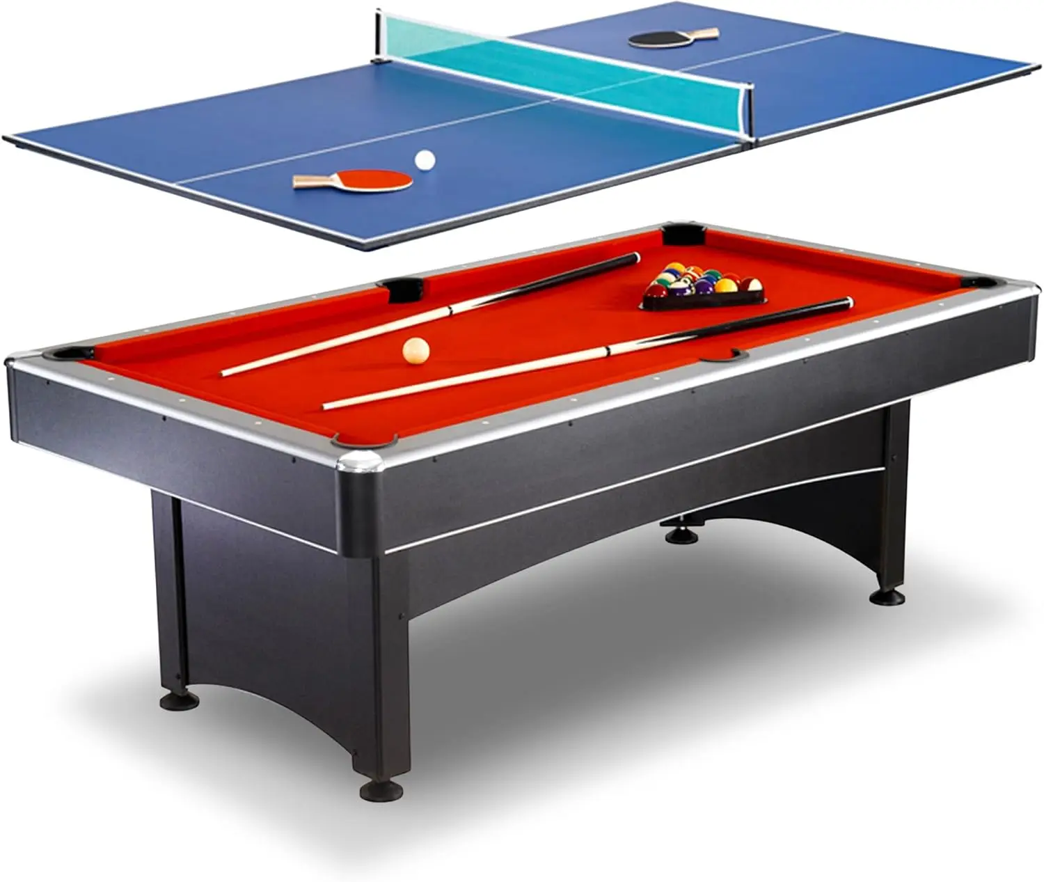 

7-Foot Pool and Table Tennis Multi Game with Red Felt and Blue Table Tennis Surface. Includes Cues, Paddles and Balls