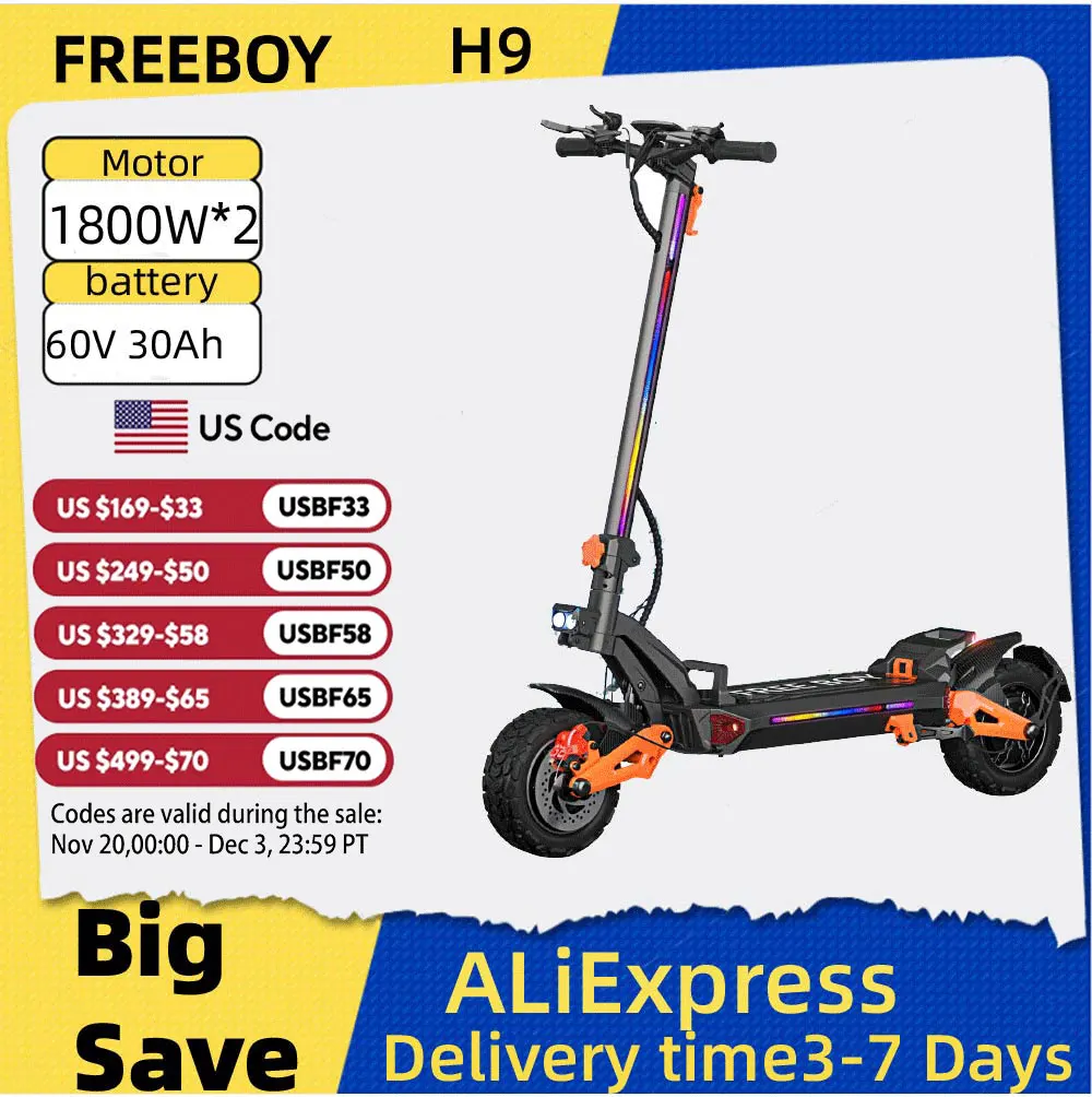 

FREEBOY H9 Adult Electric Scooter 1800W*2 Motor, 60V 30AH Battery Folding E-Scooter 11 Fat Tire E-Mountain Scooter
