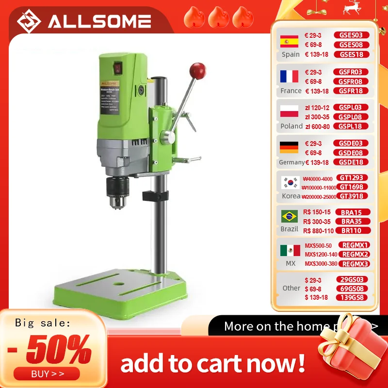 Allsome Bench Drill Press,Variable Speed Benchtop Drill Machine,6-Speed,Green