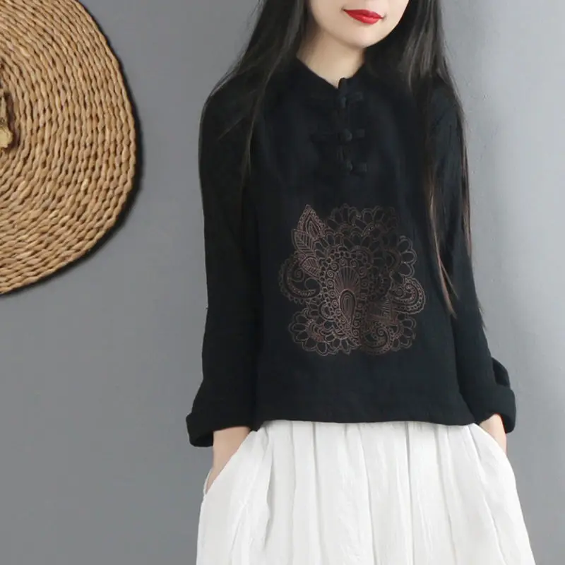 Women Early Autumn Vintage Fashion Embroidered O-neck Long Sleeve Shirts Women Clothes Casual All-match Appear Thin Trend Tops