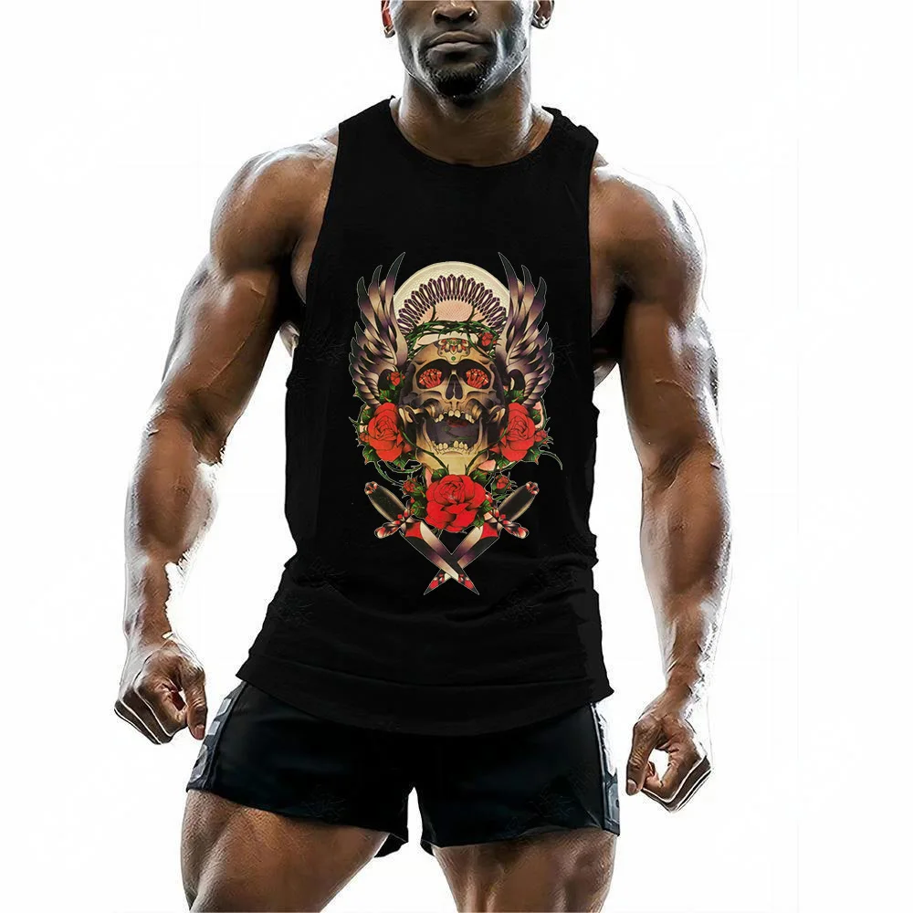 

Funny Skull Print Men's Tank Top Fashion Vintage Sleeveless Shirt Outdoor Run Fitness Vest Gym T-shirt Man Summer Breathable Tee
