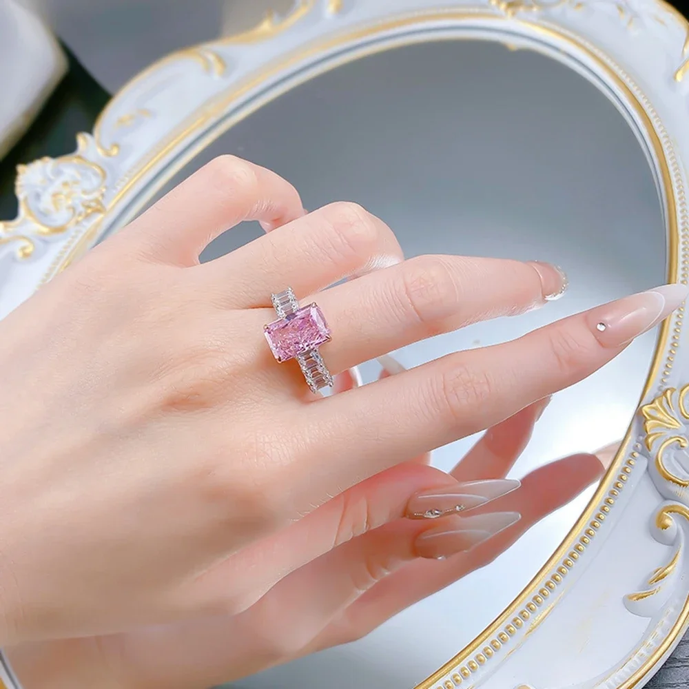 Yaranyan 925 Sterling Silver Crushed Ice Cut 8*12 MM Lab Sapphire High Carbon Diamonds Engagement Ring for Women Fine Jewelry