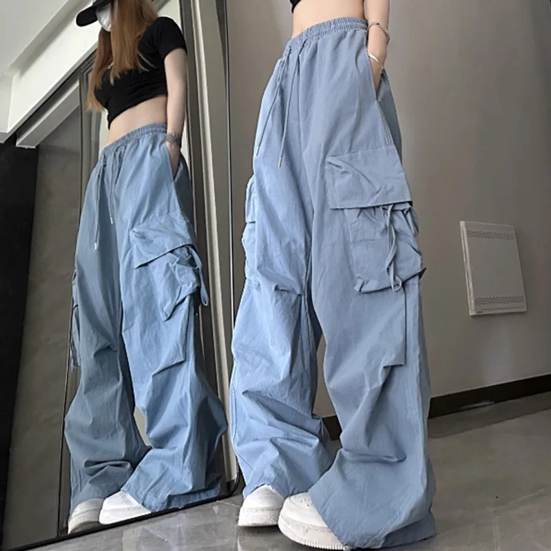 High street retro casual large pocket overalls women's new summer high waist loose straight tube draped wide leg pants