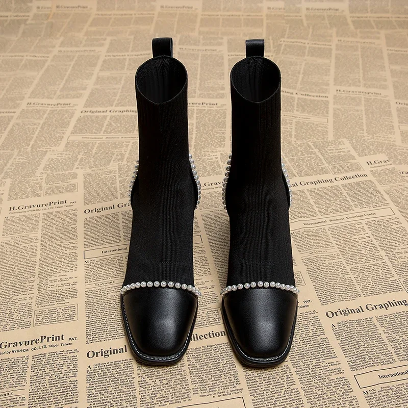 Bottes chaussettes à talons hauts carrés pour femmes, chaussons courts noirs pour dames, Parker à la mode, automne et hiver