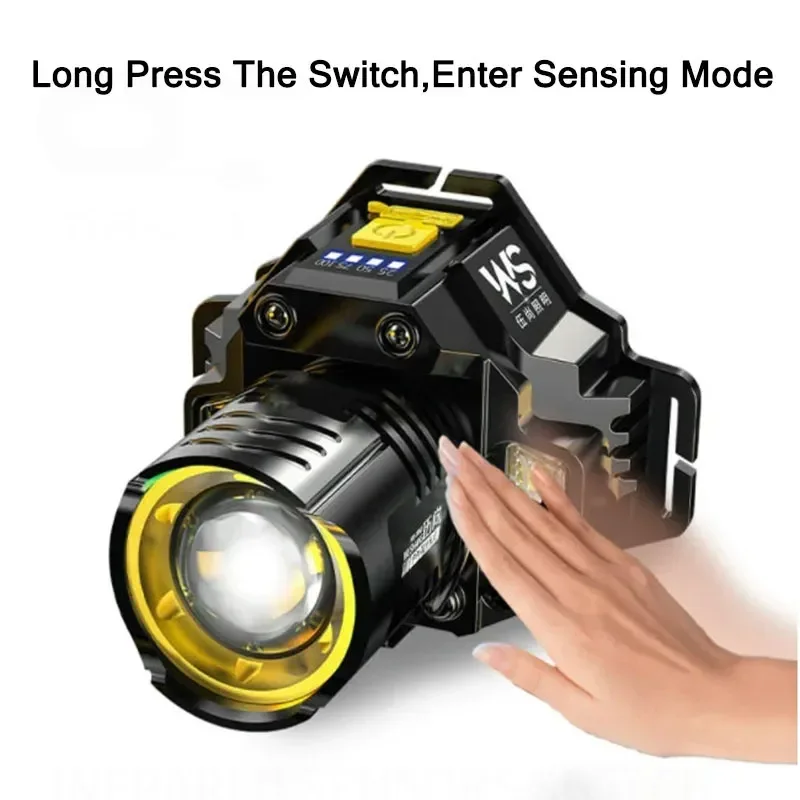 LED Induction Headlight Outdoor Strong Bald Head Wearing Charging Rotating Zoom Fishing Light