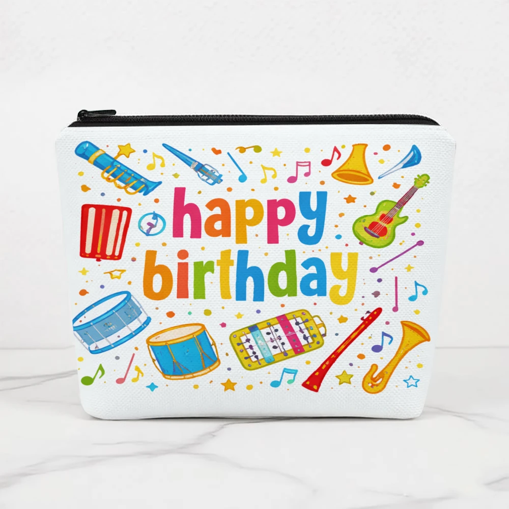 Happy Birthday Music Instruments Makeup Bags for Girls Cosmetic Pouch Toiletry Bag Pencil Case Travel Storage