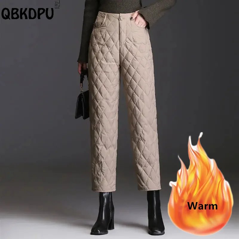 Winter Warm Quilted Straight Pants Elegant Ankle Length Down Cotton Pantalones Korean Office Thick Windproof Baggy Spodnies