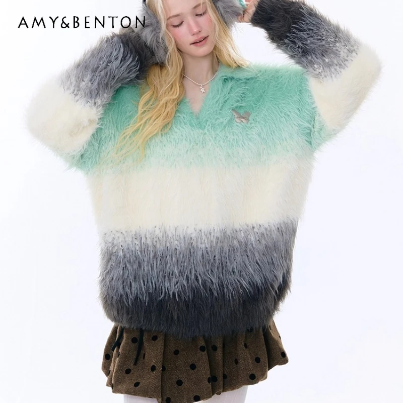 

Autumn Winter New Design Green Women's Pullover American Retro Polo V-neck Imitation Mink Loose Versatile Warm Sweater Ladies