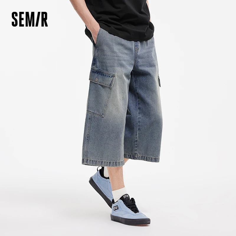 Semir 빈티지 워시 카고 데님 바지 남성 악세사리 2025 여름 새로운 느슨한 스트레이트 레그 바지