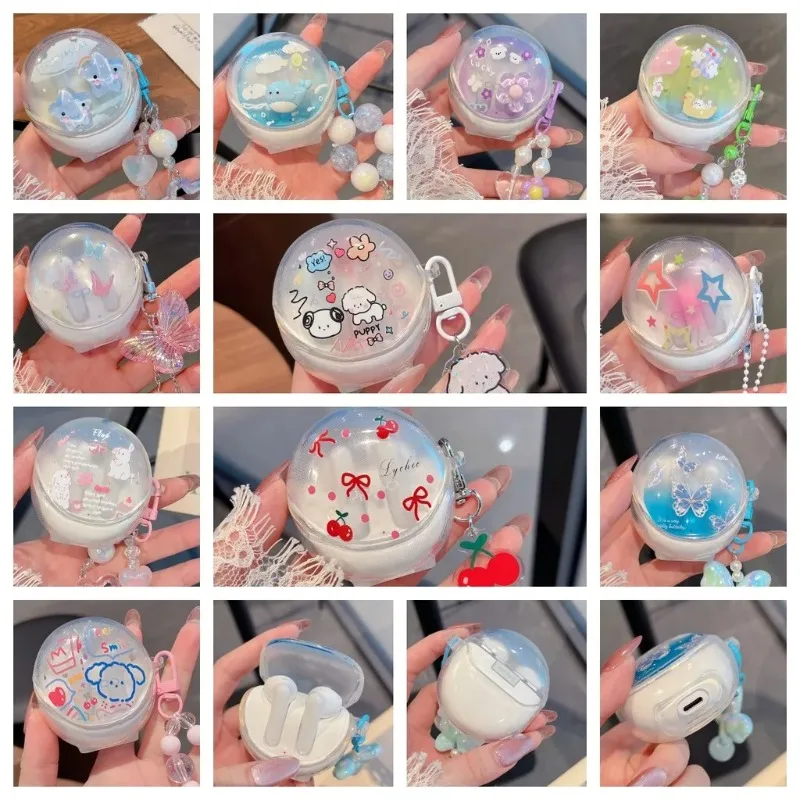 For OPPO Enco Air 3 Case Cartoon Puppy Cherry Earphone Accessories Transparent Soft Shell With Pendant Cover Protective Sleeve