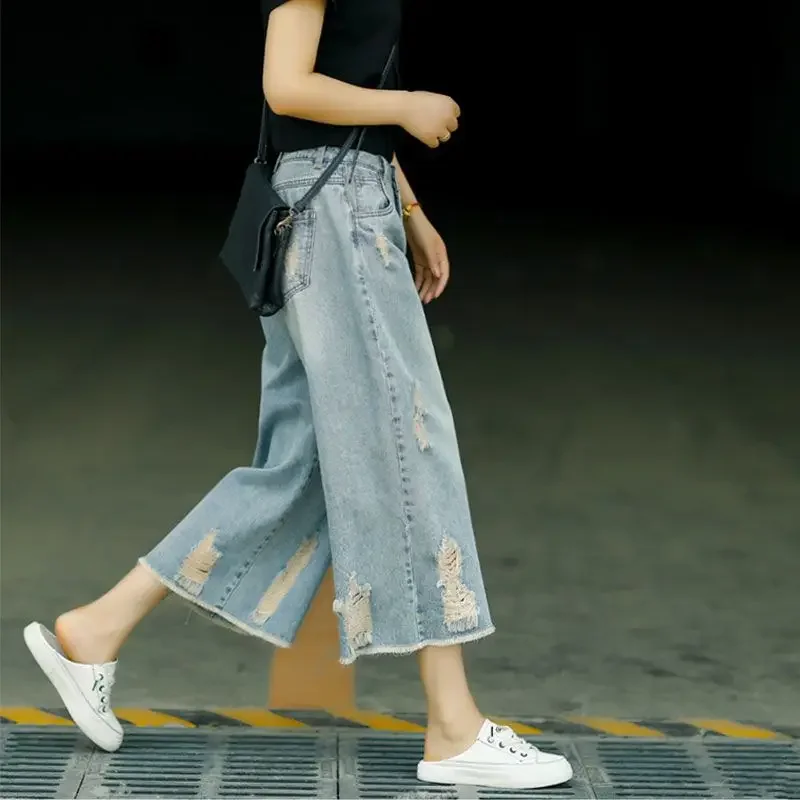 Capri Jeans Frau zerrissen Jean Sommerkleid ung Baggy Capri Hosen weites Bein Denim hohe Taille lose koreanische Bewertungen viele Kleidung Frauen