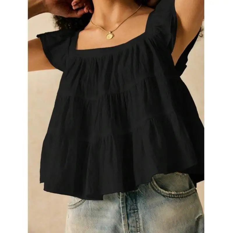 

New Summer Casual Ladies irt Pure Color with Lace Trim Comfortable Polyester Material A-Line Sve Seven-Quarter Length