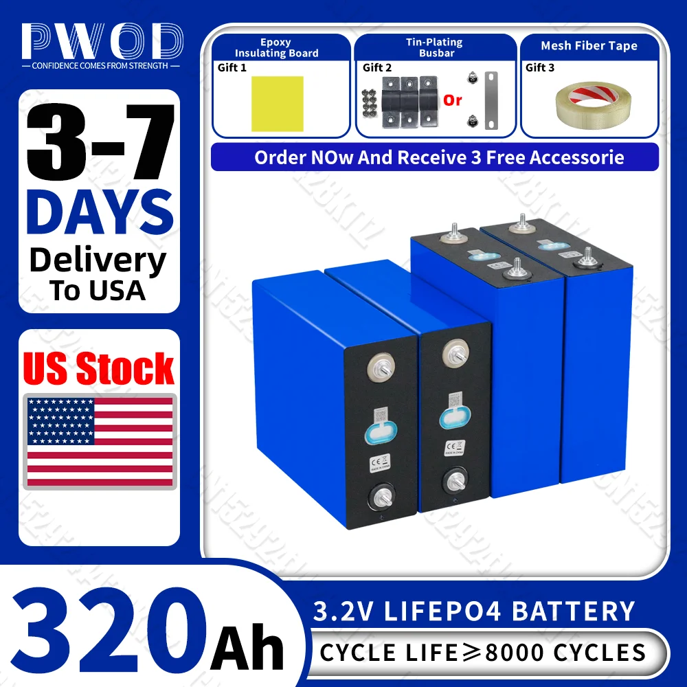 3.2V Lifepo4 Battery 320AH US Stock 8000 Cycles Rechargeable Batteries DIY 12V 24V 48V RV EV Boat Golf Cart Yacht Van Cell Pack