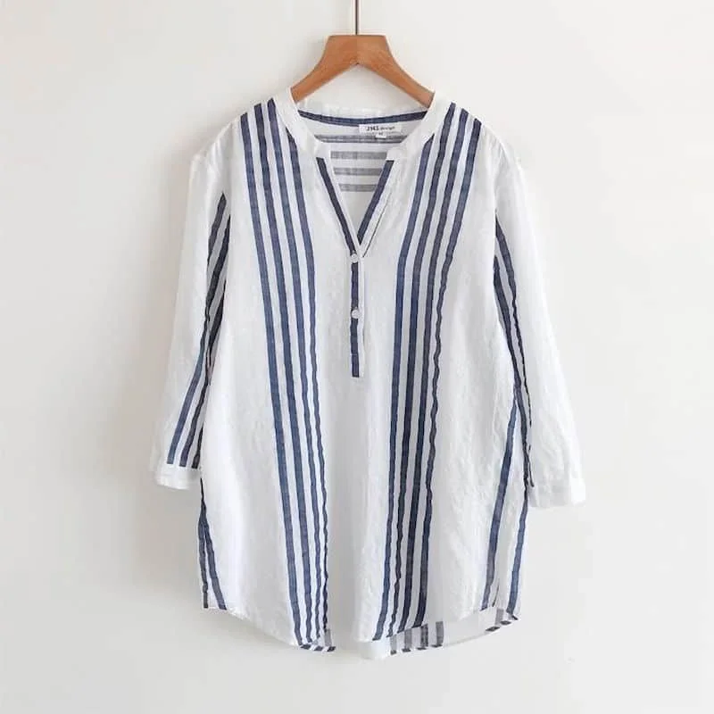 

Рубашки для женщин, 100% хлопок, v-образный вывод, летние, в тонкую полоску, повседневные, свободные, с рукавом три четверти, корейская модная блузка, женские офисные топы